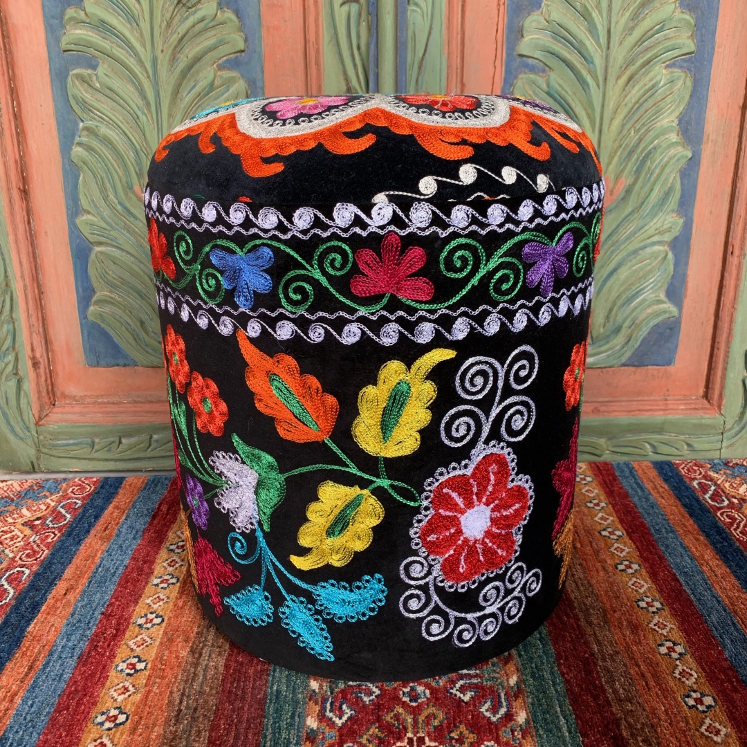 Vintage Suzani Round Pouf-Szn001