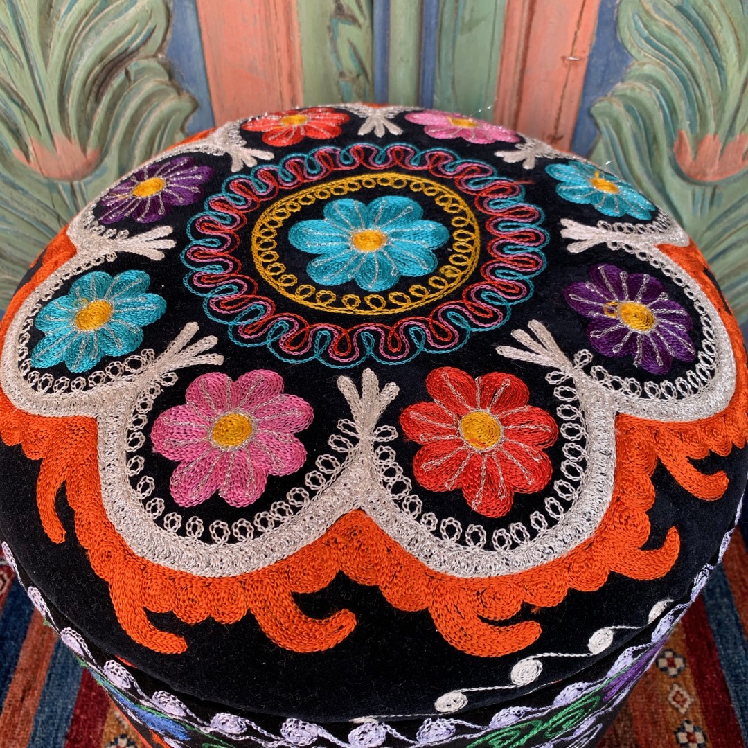 Vintage Suzani Round Pouf-Szn001